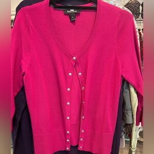 White House Black Market crew neck cardigan, silver snap buttons, 3/4 sleeves